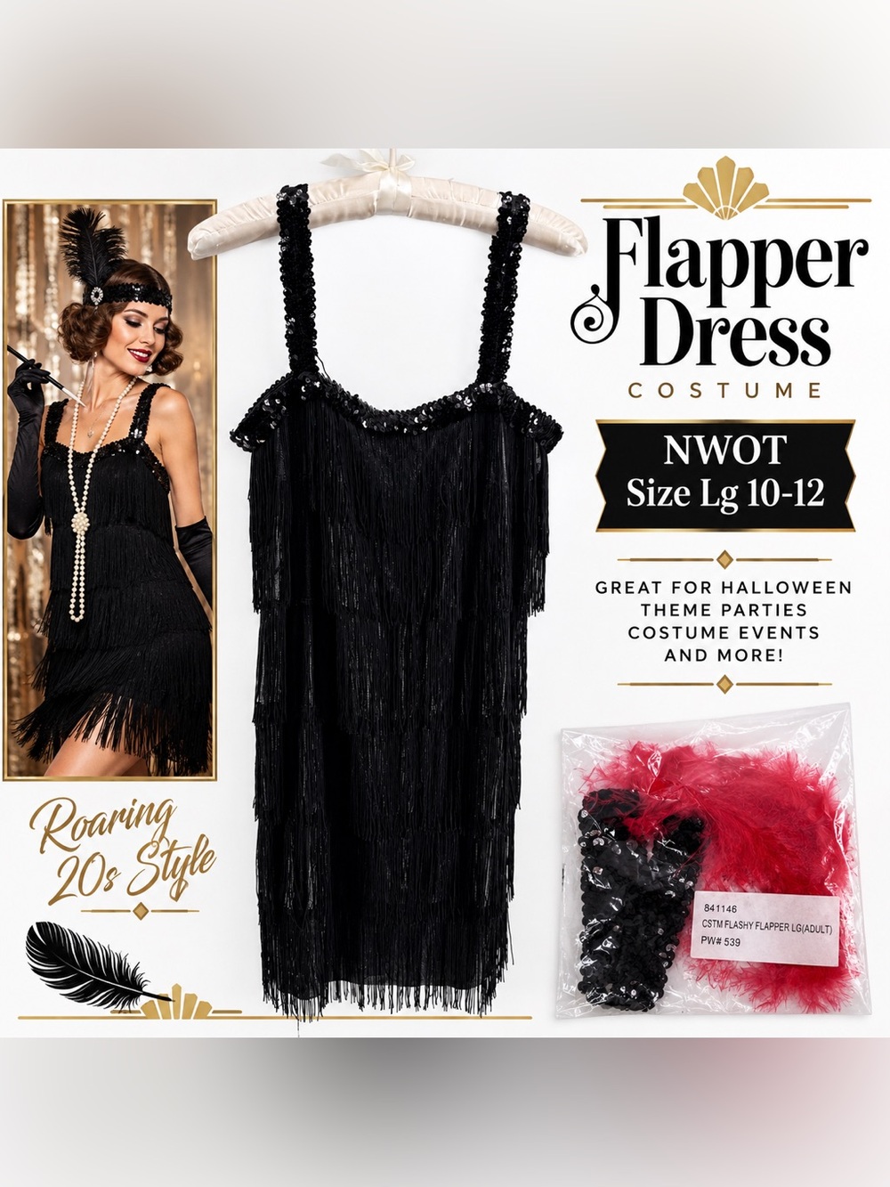 Amscan Flashy Flapper Costume Adult L 10-12 Black Sequin Fringe Dress 1920s